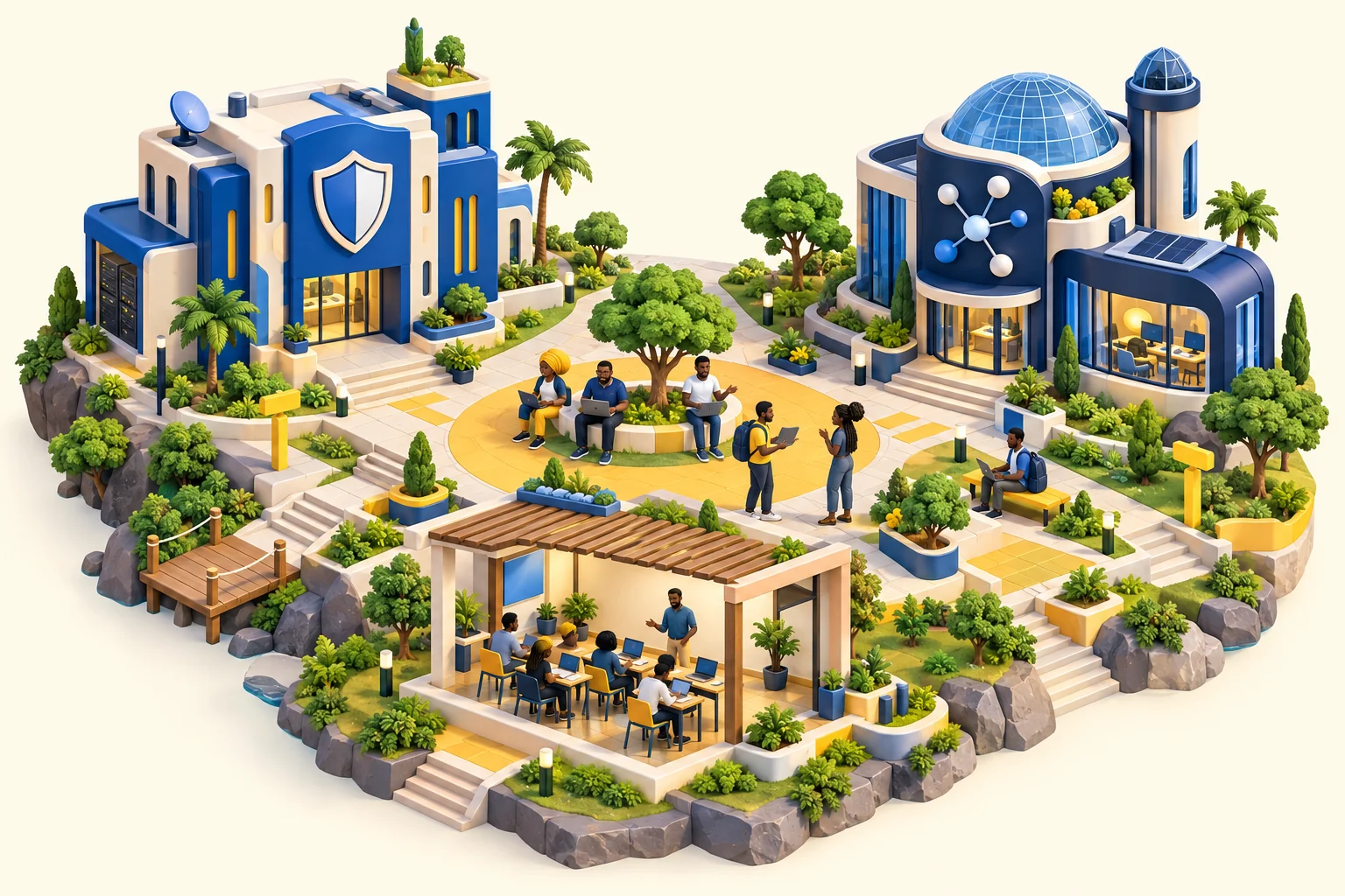 An illustrated learning world with AI and cybersecurity spaces, learners and mentors